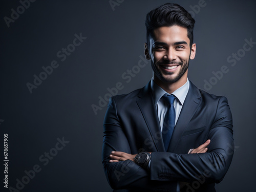 happy handsome fashion businessman smiling and wearing black suit, generative ai © pop