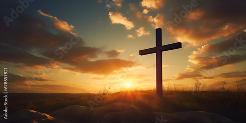 Classic christian cross with on sunset background. The cross symbolizes the faith of Jesus