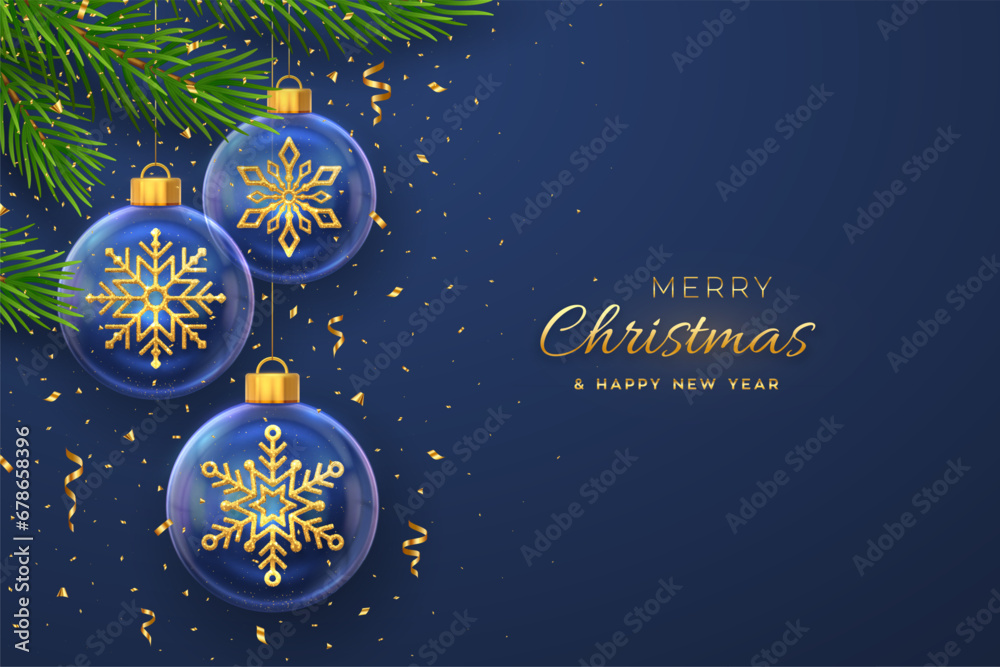 Fototapeta premium Merry christmas greeting card or banner. Hanging transparent glass balls with golden snowflakes inside, pine branches on blue background with gold falling confetti. New Year 3d. Vector illustration.
