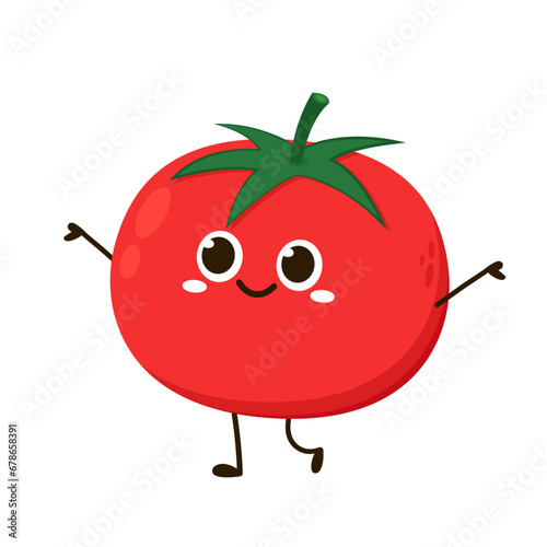 Cute tomato character design. Happy vegetable vector illustration. Cartoon tomato flat design.