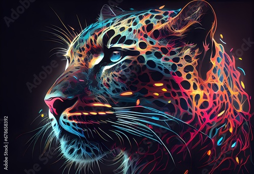 Drawing Snow leopard portrait on a black background. Snow leopard in creative art style  neon style  leopard on a black background  colorful illustration