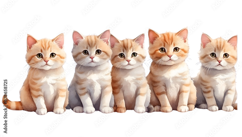 Watercolor illustration of five kitten sitting together. Adorable cats creative graphics design. 