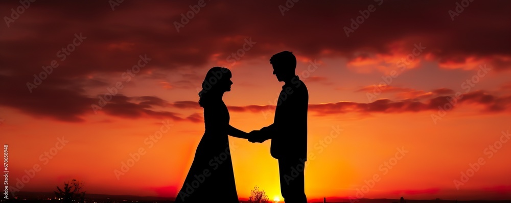 Silhouette of wedding couple in love holding hand together during ...