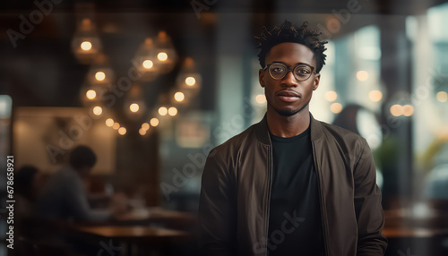 portrait of young black man with glasses in a restaurant © terra.incognita
