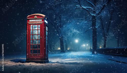 red phone booth on a snowy street,