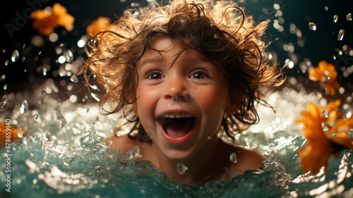 cute happy baby swimming in a pool with a water and a splash of water. © RozaStudia