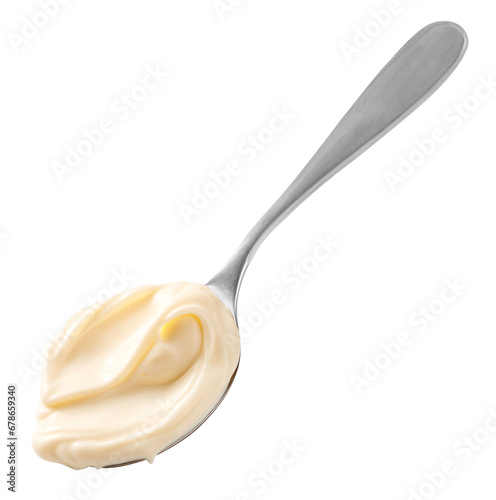 Spoon of mayonnaise isolated on white background, full depth of field. png