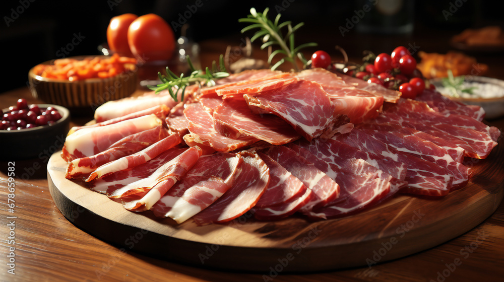 A variety of meat products, appetizers displayed on a wooden cutting board. Prosciutto, salami, ham, cured meat. Flat lay, closeup. Design for banner, cards, posters.