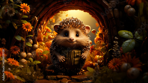 hedgehog in the autumn forest with a beautiful hedgehog.