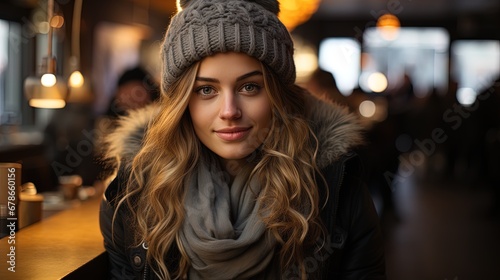 Beautiful young woman with woolen hat smiling waiting in a bar. © HC FOTOSTUDIO