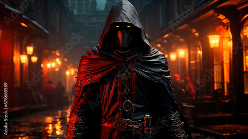 portrait of a young devil dressed in leather with a hood and a red lantern on the background of the night city.
