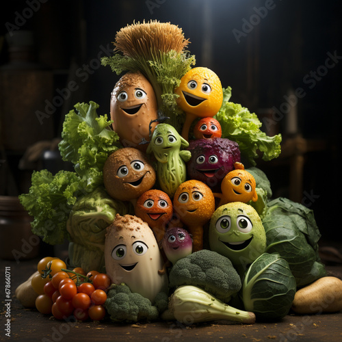 Whimsical pile of vegetables. Majestic tower of happy vegetable faces. 