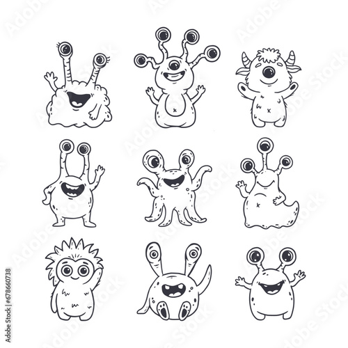 Big set of cute cartoon monsters in doodle style. Funny characters on white background for magazins, books, cards. Icon monster.  Vector illustration