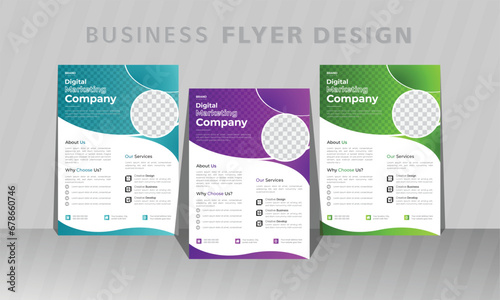 Modern and creative Business flyer set with purple, green, and blue colors.