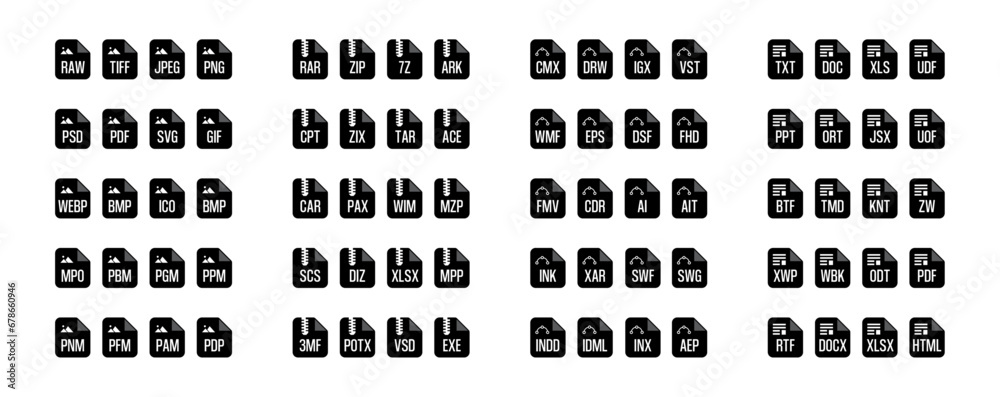 Stock market display file formats extension vector illustration Design fill icon collection - obrazy, fototapety, plakaty 