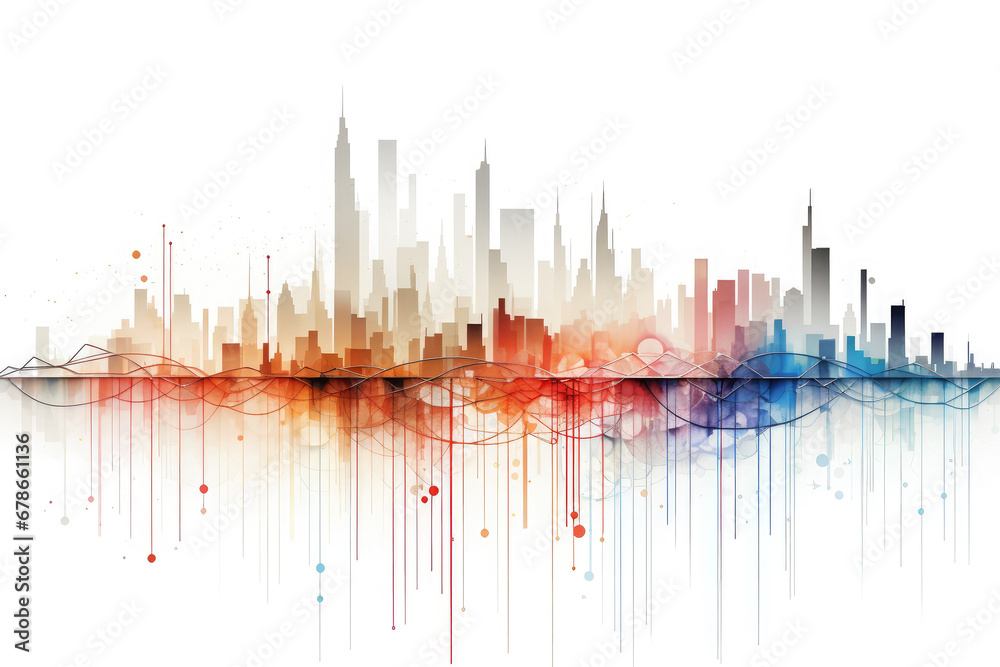Watercolor style city silhouette in the form of a graph on a white background.