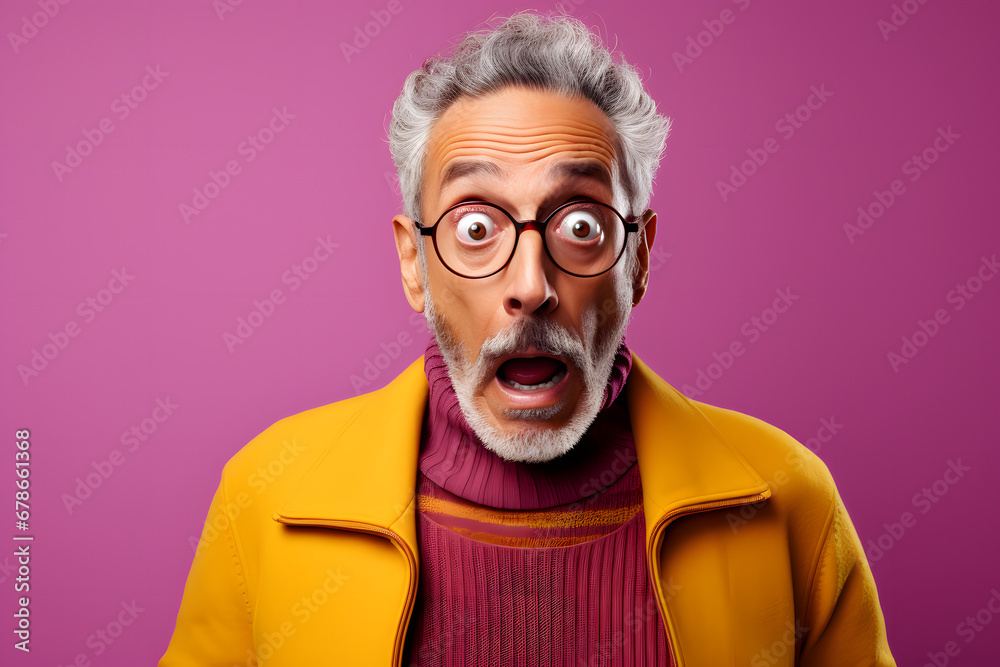 Surprised senior Latin American man on pink background. Neural network generated photorealistic image.