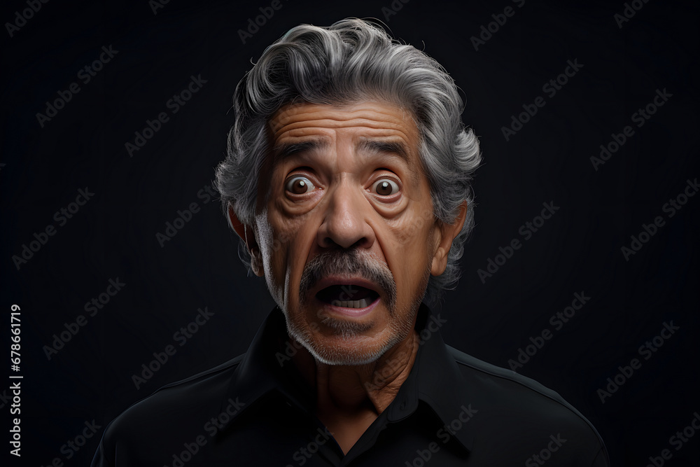 Surprised senior Latin American man on black background. Neural network generated photorealistic image.