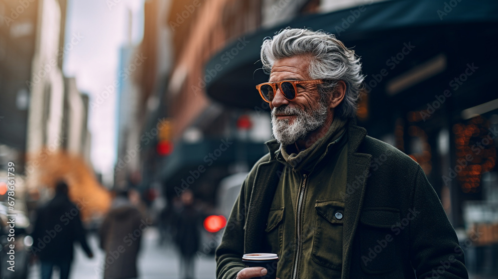 Stock photograph of one man on the street drinking coffee