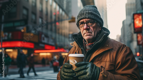 Stock photograph of one man on the street drinking coffee