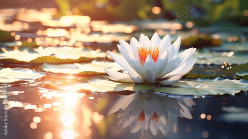 A water lily floating on a still pond, its leaves supporting the pristine, white blossom as it basks in the sunlight.