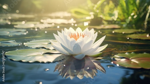 A water lily floating on a still pond  its leaves supporting the pristine  white blossom as it basks in the sunlight.