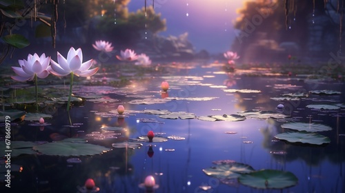 A water lily pond in the soft light of evening, with the blossoms appearing as radiant jewels in the quiet waters.
