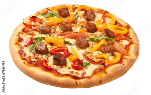 Flavorful Sausage and Bell Pepper Pizza On Transparent Background.