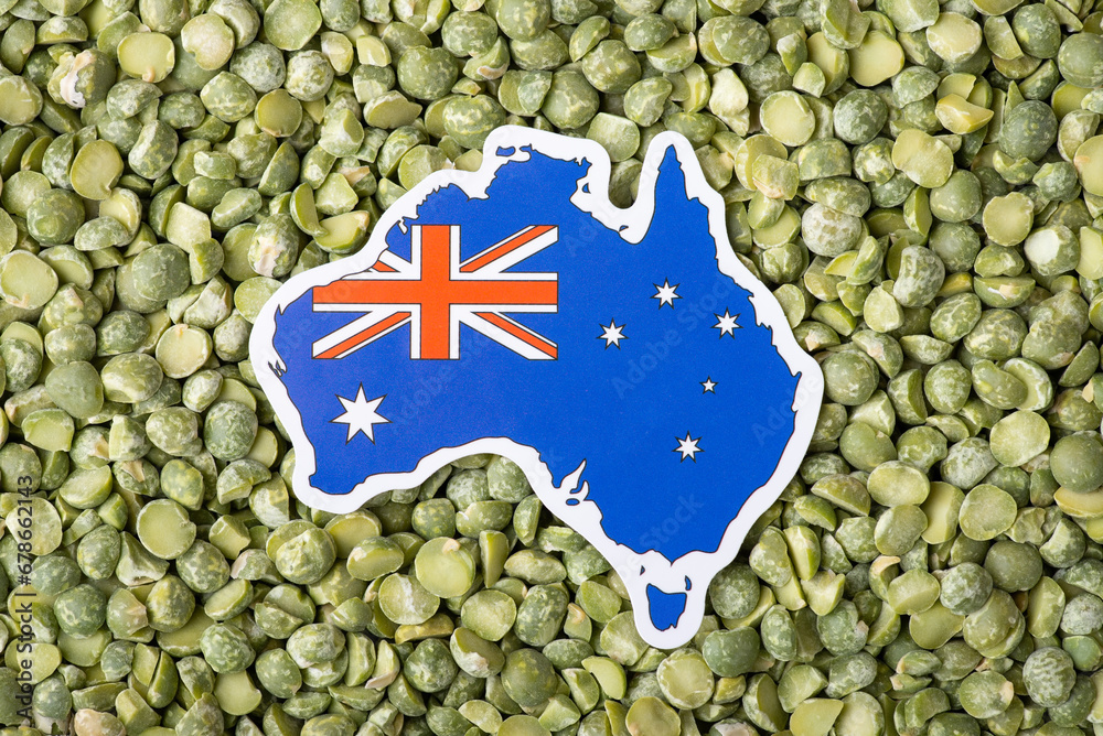 Small flag and map of Australia in green legume. Concept of origin of pea grain, harvest of pea