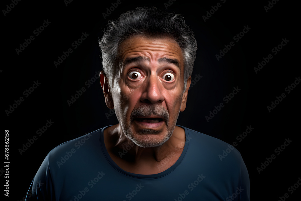 Surprised senior Latin American man on black background. Neural network generated photorealistic image. Surprised senior Latin American man on black background. Neural network generated photorealistic image.