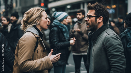 Stock photograph of couple of men and women on the street arguing