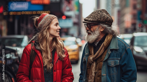 Stock photograph of couple of men and women on the street talking