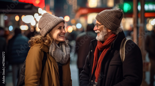 Stock photograph of couple of men and women on the street talking