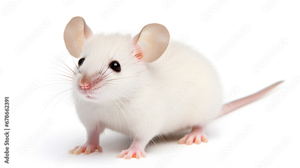 Cute White Mouse with Pink Ears on a White Background