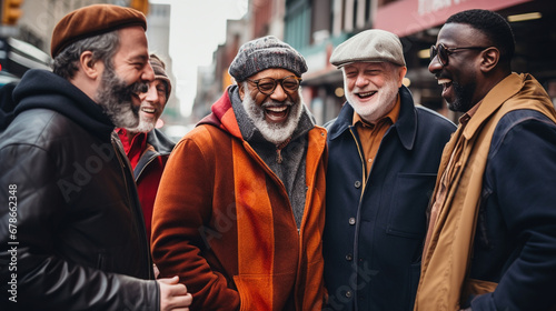 Stock photograph of group of men on the street talking photo