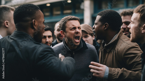 Stock photograph of group of men on the street arguing