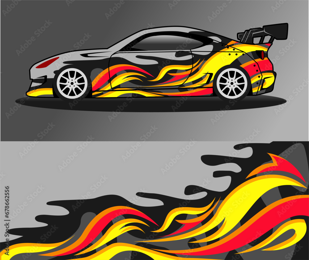 Fototapeta premium racing car wrap rally livery. design abstract tribal strip for car wrap, vinyl sticker, and decal. isolated on black background 