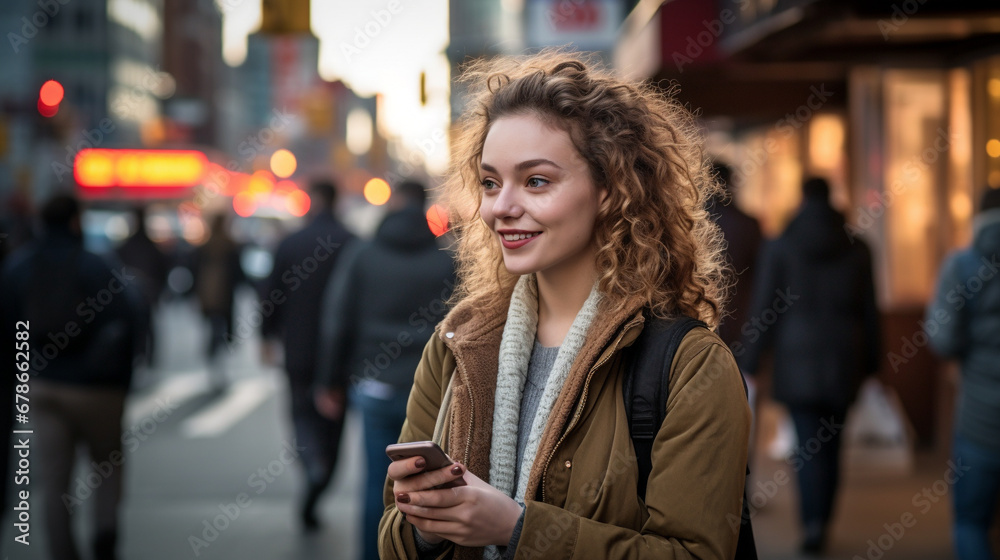 Stock photograph of one woman on the street using the cell phone