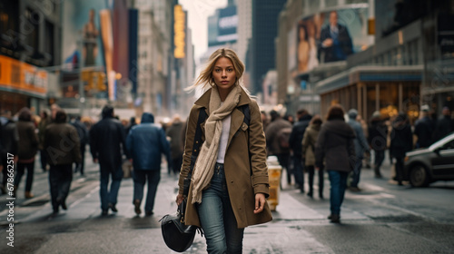 Stock photograph of one woman on the street walking