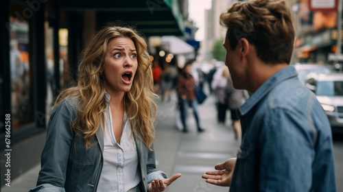 Stock photograph of one woman on the street arguing