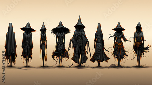 halloween witch with pumpkins and witch hats. halloween illustration. high quality photo