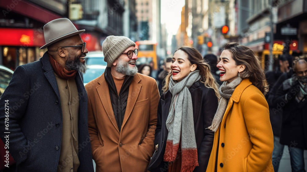 Stock photograph of group of men and womenon the street talking