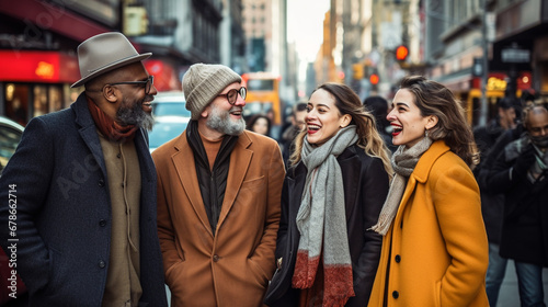 Stock photograph of group of men and womenon the street talking