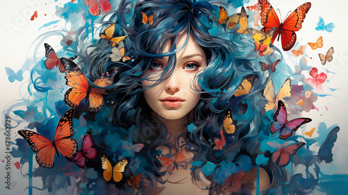 beautiful woman with blue hair and butterflies.
