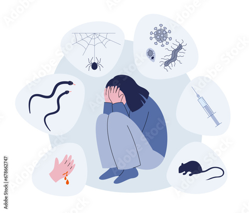 Phobia illustration. Frightened woman suffering from phobia. Varous kinds of phobias. Flat vector illustration of mental disorder