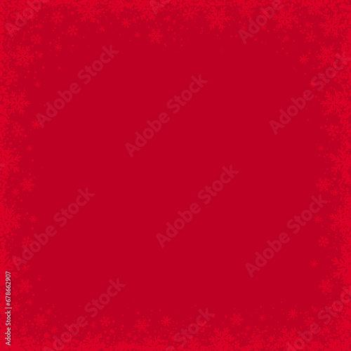 Red Christmas background with  square frame of snowflakes. Merry Christmas and Happy New Year greeting banner. Horizontal new year background, headers, posters, cards, website.Vector illustration