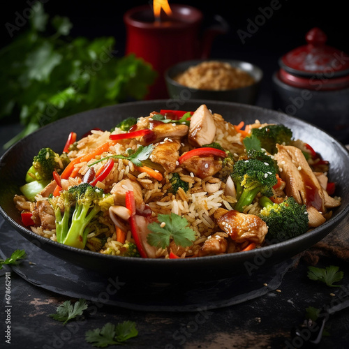 Chinese Wog with Chicken Fried Rice. Unusual background. Chinese food. Homemade food.
