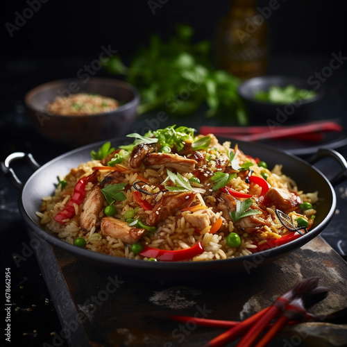 Chinese Wog with Chicken Fried Rice. Unusual background. Chinese food. Homemade food.
