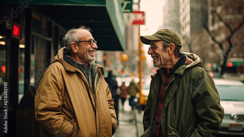 Stock photograph of couple of men on the street talking