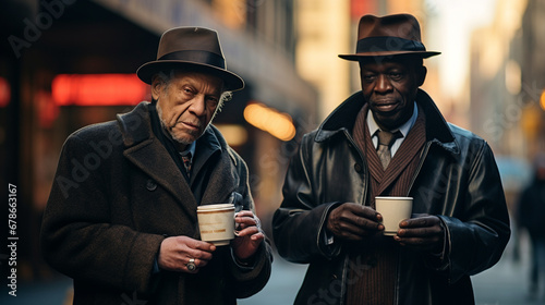 Stock photograph of couple of men on the street drinking coffee